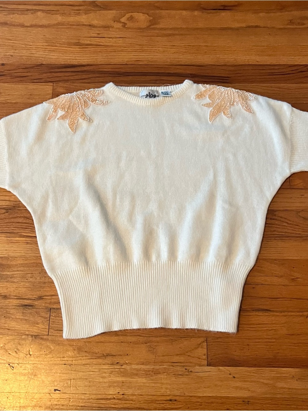 Vintage Cream Sweater with Peachy Embroidered Shoulder Appliqués